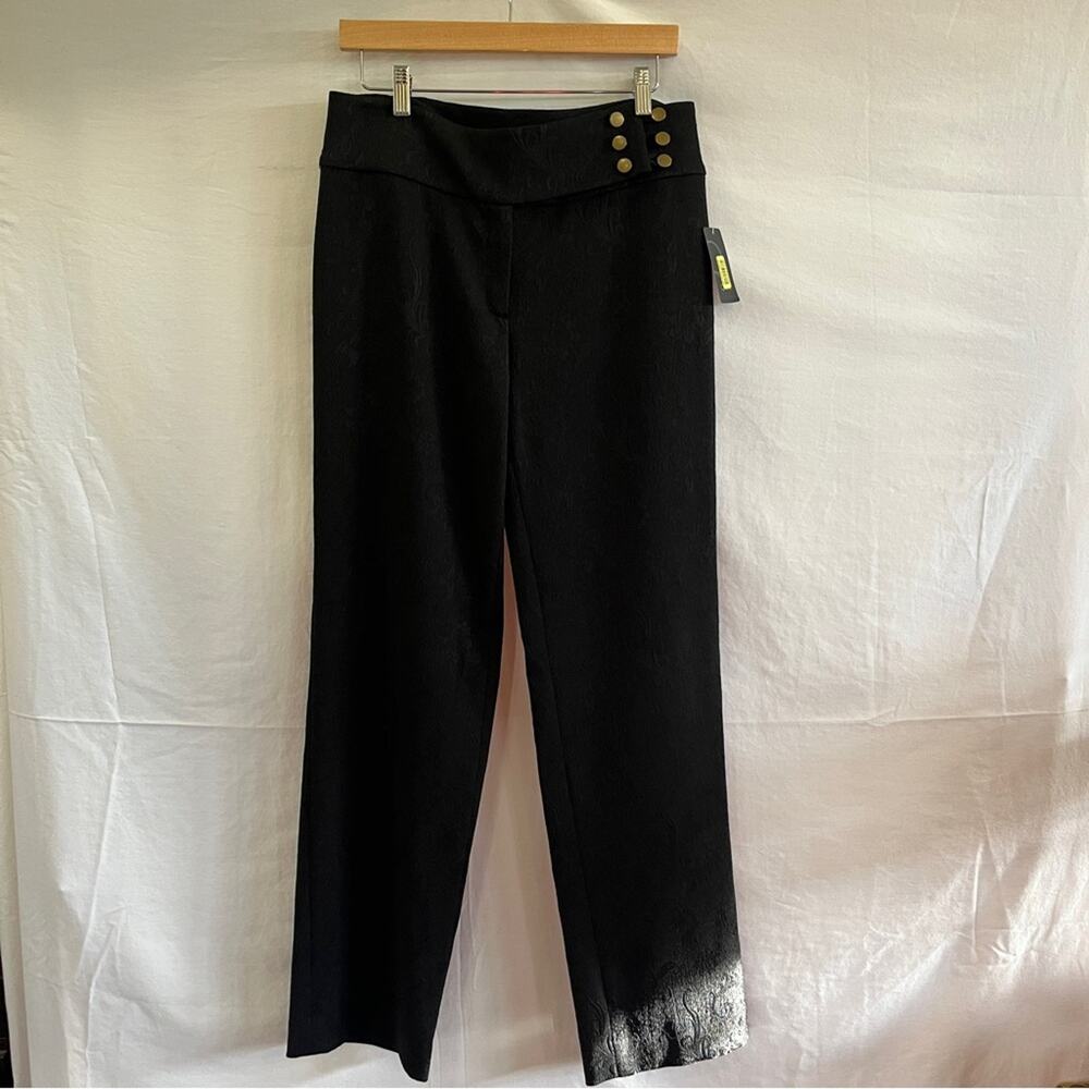 QUE Black Pants Trousers Womens Size 10 Textured Paisley Damask Button Waistband
